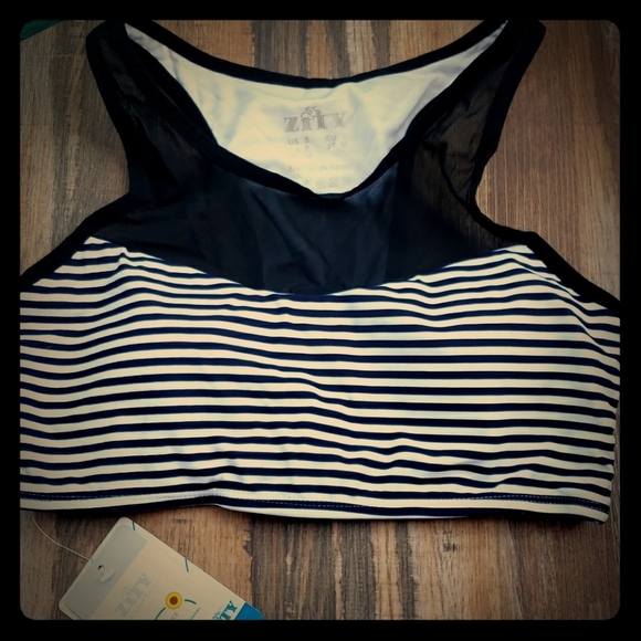 Zity Black and White Striped Sports Bra with Sheer Accent Size Small - Picture 1 of 5